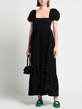 GANNI Black Broderie Anglaise Cotton Eyelet Maxi Dress - SZ 36 - Like New!